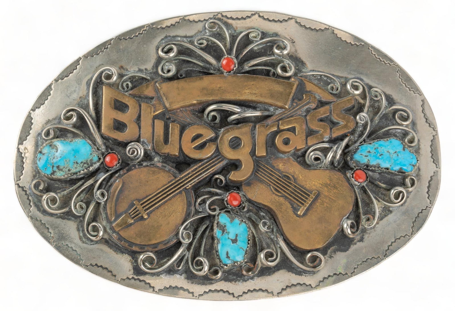 Turquoise and Coral "Bluegrass" Belt Buckle: Turquoise and coral "Bluegrass" belt buckle, copper color banjo and guitar, silver swirl motifs through out buckle design length 4.25 in x width 6 in. We happily provide seamless shipping serv