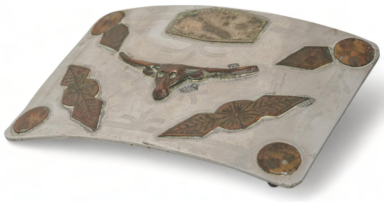 Handmade Sterling Silver and Copper Longhorn Buckle: Handmade sterling silver and copper longhorn buckle, marked length 3 in. x width 5 in. We happily provide seamless shipping services on everything we sell. Please email us at shipping@vogtauction.