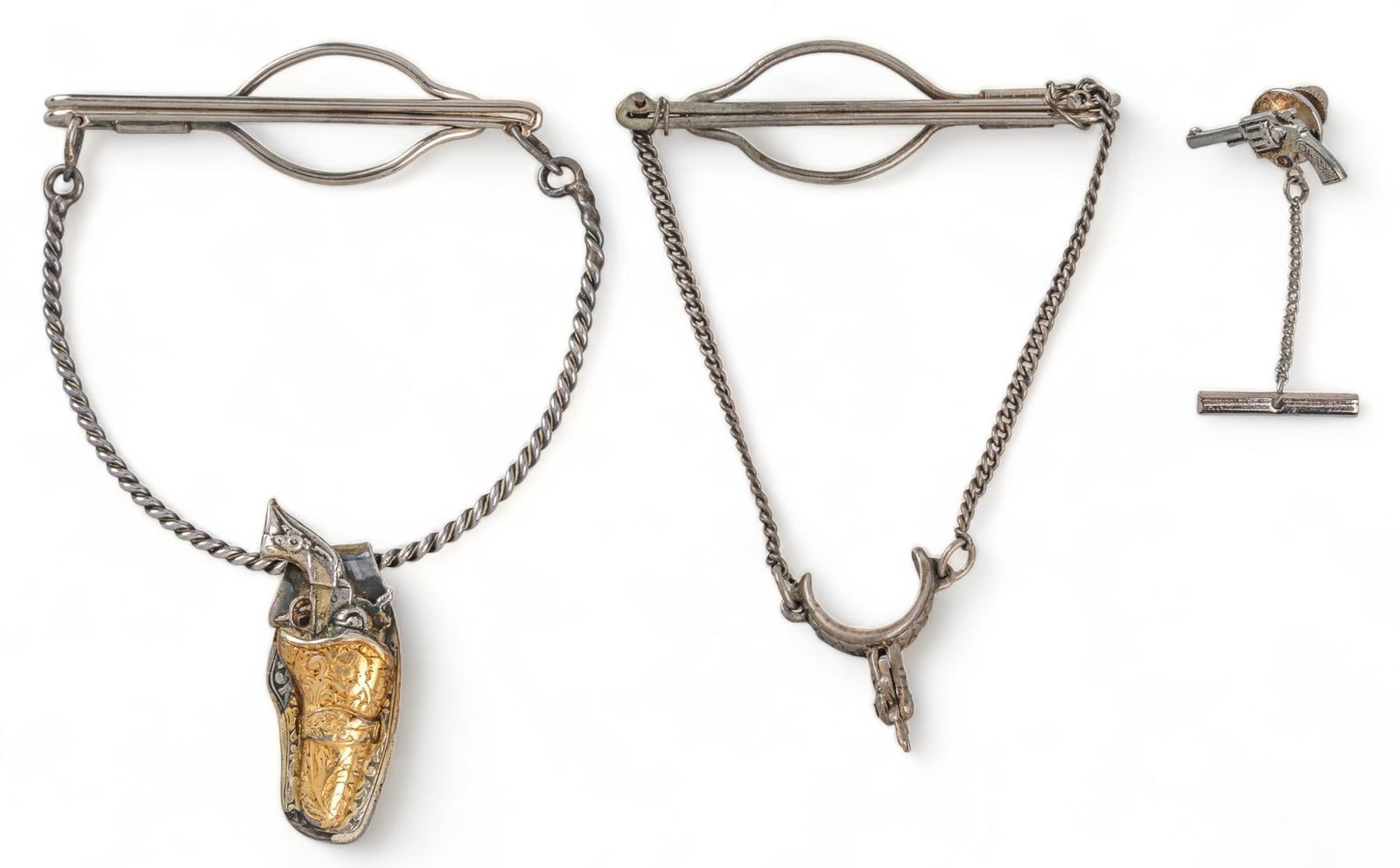 (3) Western Tie Clips and Tack Pin: Three (3) Western tie clips and tack pin, one (1) sterling silver gun holster rope tie clip, one (1) spur chain tie clip, one (1) pistol chain tie tack gun clip / length 3.75 in. spur clip / length 3.