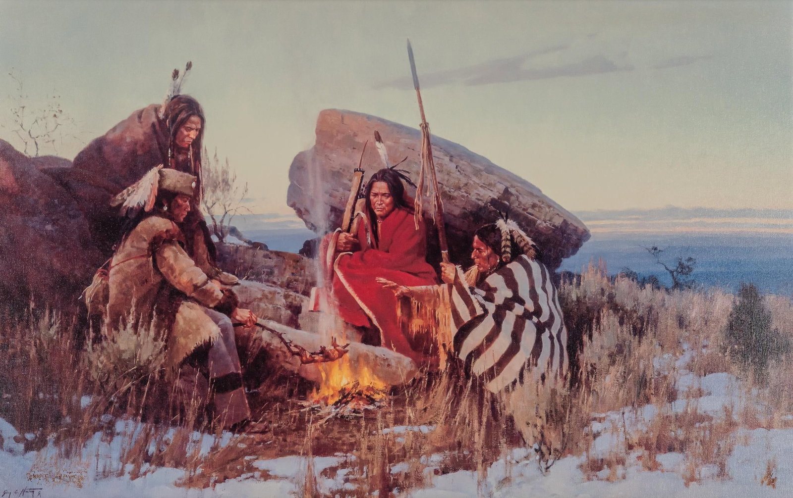 Jim Norton, "The Warmth of a Fire": Jim Norton (Utah, b. 1953), "The Warmth of a Fire", giclee print on canvas sight: 24 x 48 in., frame: 33 x 48 in. Provenance: The collection of a San Antonio, Texas family who are downsizing b