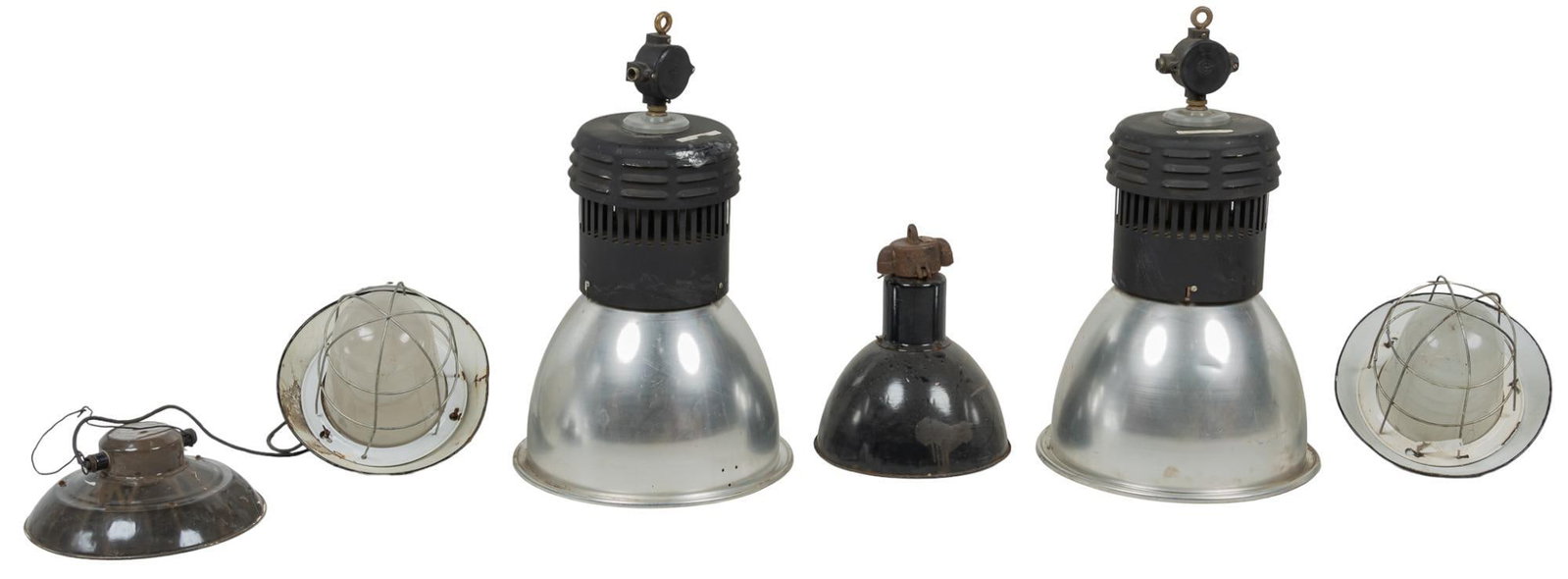 Collection of (7) Industrial Light Fixtures: Collection of seven domed industrial light fixtures largest / height 30 in. x width 18.5 in. x depth 18.5 in. We happily provide seamless shipping services on everything we sell. Please email us at sh