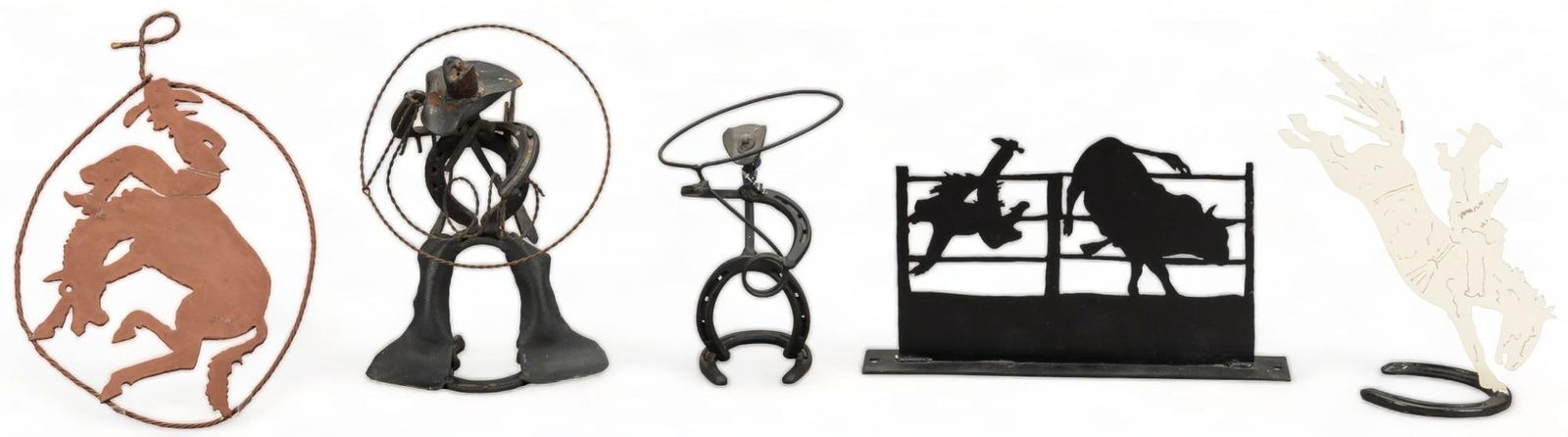 Collection of (5) Pieces of Western Folk Art: Collection of five pieces of metal-based Western-inspired pieces of folk art, including two pieces made from bent horse shoes and welded iron remnants, and three examples featuring rodeo cowboy motifs