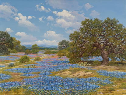 W. A. Slaughter, Oak Tree and Bluebonnets: William A. Slaughter (Texas / California, 1923-2003), oak tree and bluebonnets, oil on canvas sight: 30 x 40 in., frame: 37 x 47 in. Provenance: Previously in the collection of a downtown Dallas, Te