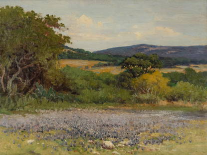 Robert Wood, "Buckeye" Landscape Study, ca. 1925: Robert Wood (Am., 1889-1979), bluebonnets and prickly pear unsigned landscape study (aka "buckeye"), ca. 1925, oil on board in the original frame sight: 12 x 16 in., frame: 15.5 x 19.5 in. P