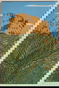 Wendell Fuqua, "Big Bend: Casa Grande & Yucca", 2016: Wendell Fuqua (Texas, 20th-21st C.), "Big Bend: Casa Grande & Yucca", 2016, woodblock print, ed. 13/100 image: 14.5 x 10 in., frame: 20 x 16 in. Provenance: An Olmos Park, Texas collecti