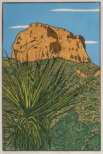 Wendell Fuqua, "Big Bend: Casa Grande & Yucca", 2016: Wendell Fuqua (Texas, 20th-21st C.), &#34;Big Bend: Casa Grande &amp; Yucca&#34;, 2016, woodblock print, ed. 13/100  image: 14.5 x 10 in., frame: 20 x 16 in.  Provenance: An Olmos Park, Texas collecti