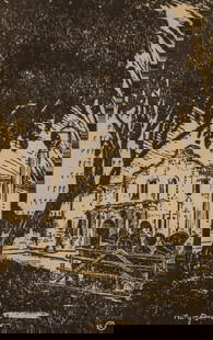 Mary Bonner, The Alamo, 1928: Mary Anita Bonner (Texas / France, 1887-1935), woodblock print of the Alamo, 1928, for the San Antonio Conservation Society sight: 5.25 x 3.25 in., frame: 8.5 x 6 in. Provenance: An Alamo Heights, T