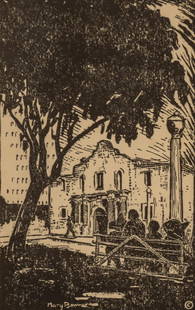 Mary Bonner, The Alamo, 1928: Mary Anita Bonner (Texas / France, 1887-1935), woodblock print of the Alamo, 1928, for the San Antonio Conservation Society sight: 5.25 x 3.25 in., frame: 8.5 x 6 in. Provenance: An Alamo Heights, T