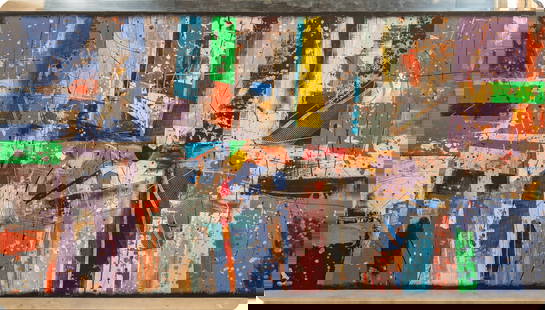 Paul Maxwell, "Genesis", 1985: Paul Maxwell (Texas, 1925-2015), "Genesis", 1985, acrylic on canvas laid down on board size: 46 x 80 in., not framed Provenance: A San Antonio, Texas collection We happily provide seamless