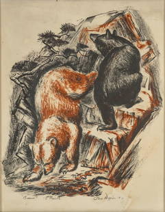 Otis Dozier, "Bears": Otis Dozier (Texas, 1904-1987), "Bears", pencil-signed lithograph from an edition of 10 prints plate: 9 x 7.5 in., frame: 14.5 x 12 in. Provenance: A Beaver Dam, Wisconsin collection Otis D