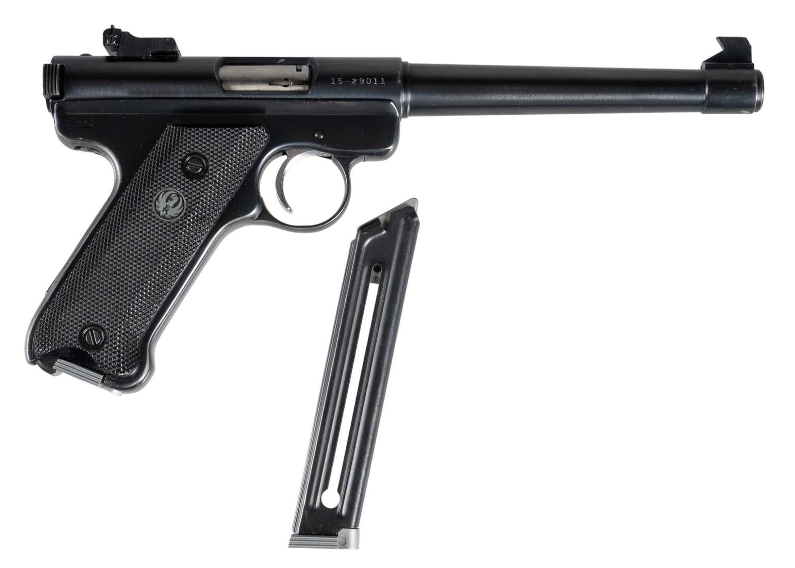 Ruger Mark I 22 LR Semi Auto Pistol: Serial: 15-29011 Manufacturer: Sturm, Ruger & Co. (c. 1978) Model: Mark I Caliber: 22 LR Barrel Length: 6.75 in. OAL: 11.25 in. Condition: Good; plastic grips have light handling marks; barrel &am