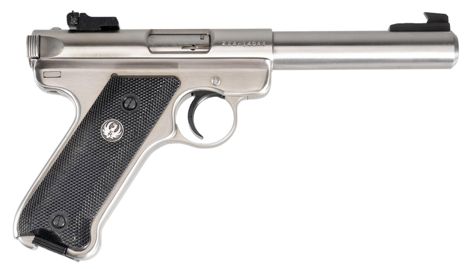 Ruger Mark II Target 22 LR Semi Auto Pistol: Serial: 224-14044 Manufacturer: Sturm, Ruger & Co. Model: Mark II Target Caliber: 22 LR Barrel Length: 5.5 in. OAL: 9.75 in. Condition: Good; plastic grips have light handling marks; barrel & 