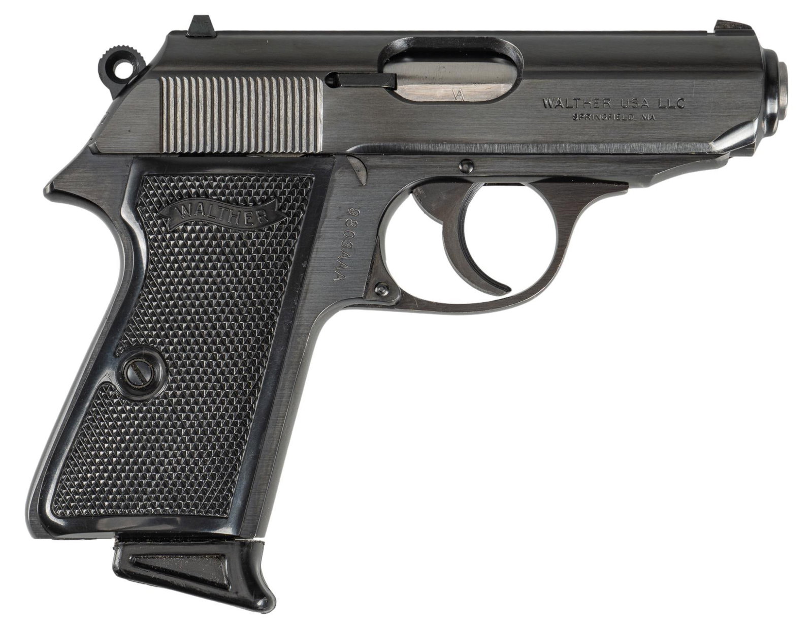 Walther PPK/S 380 ACP Semi Auto Pistol: Serial: 9803AAA Manufacturer: Walther USA Model: PPK/S Caliber: 380 ACP Barrel length: 3.25 in. OAL: 6.25 in. Condition: Very Good; plastic grips have light handling marks; slide & frame have ligh