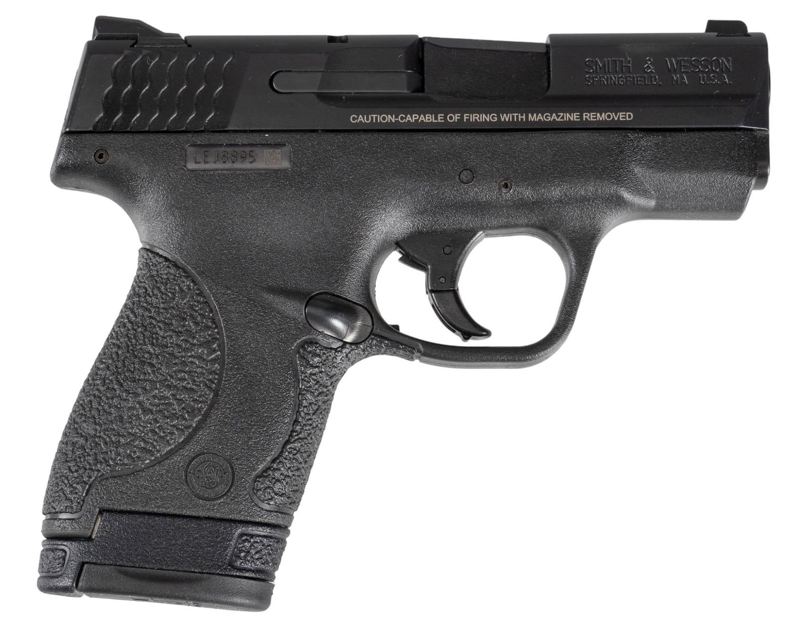 Smith & Wesson M&P Shield 9mm Semi Auto Pistol: Serial: LEJ8895 Manufacturer: Smith & Wesson Model: M&P Shield 9 Caliber: 9mm Barrel Length: 3 in. OAL: 6.25 in. Condition: Very Good; synthetic frame has very light handling marks; slide &