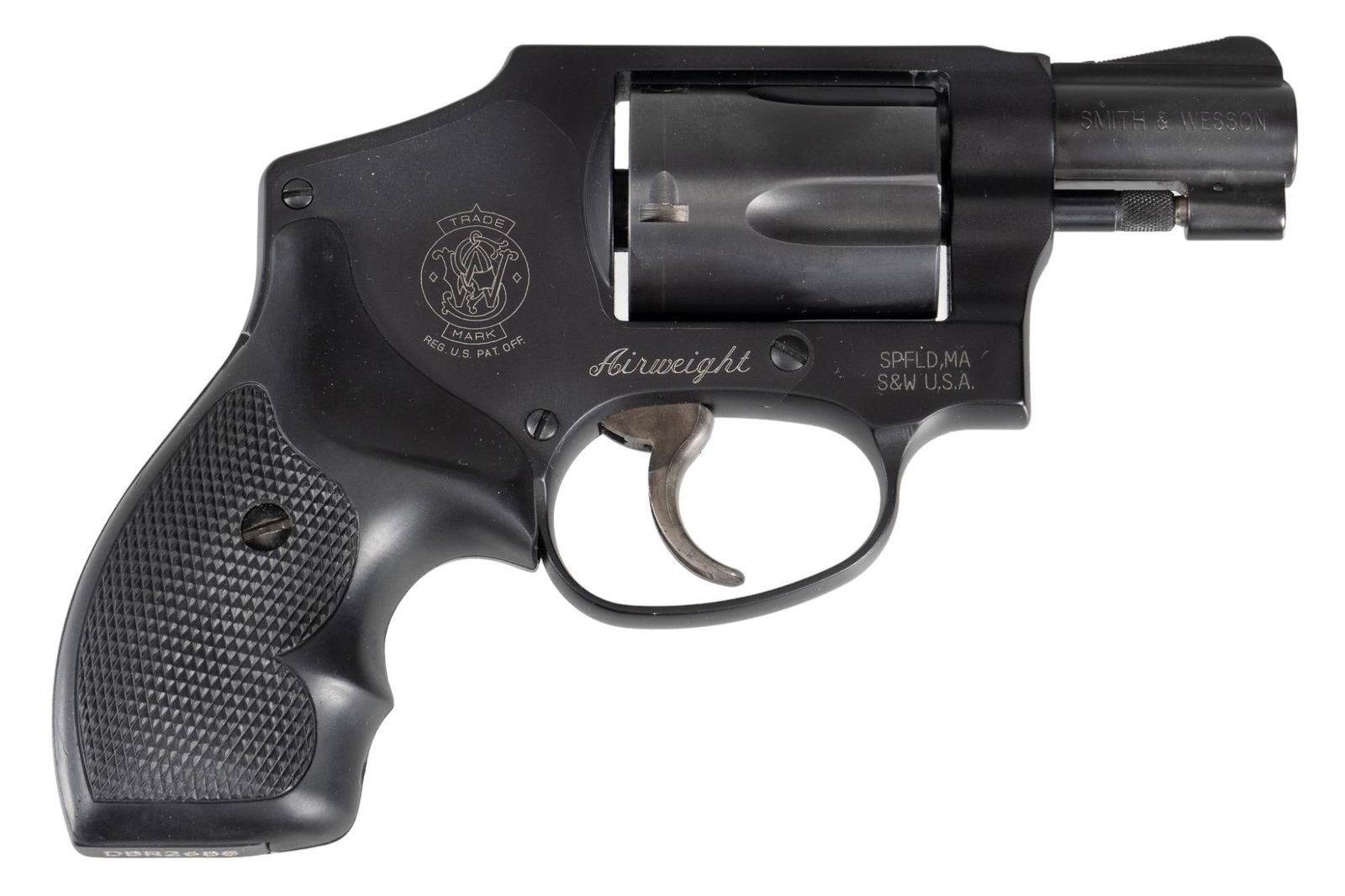 Smith & Wesson 442-2 Airweight Revolver: Serial: DBR2688 Manufacturer: Smith & Wesson Model: 442-2 Airweight Caliber: 38 S&W Special +P Barrel Length: 1.875 in. OAL: 6.5 in. Condition: Very Good; rubber grips have light handling