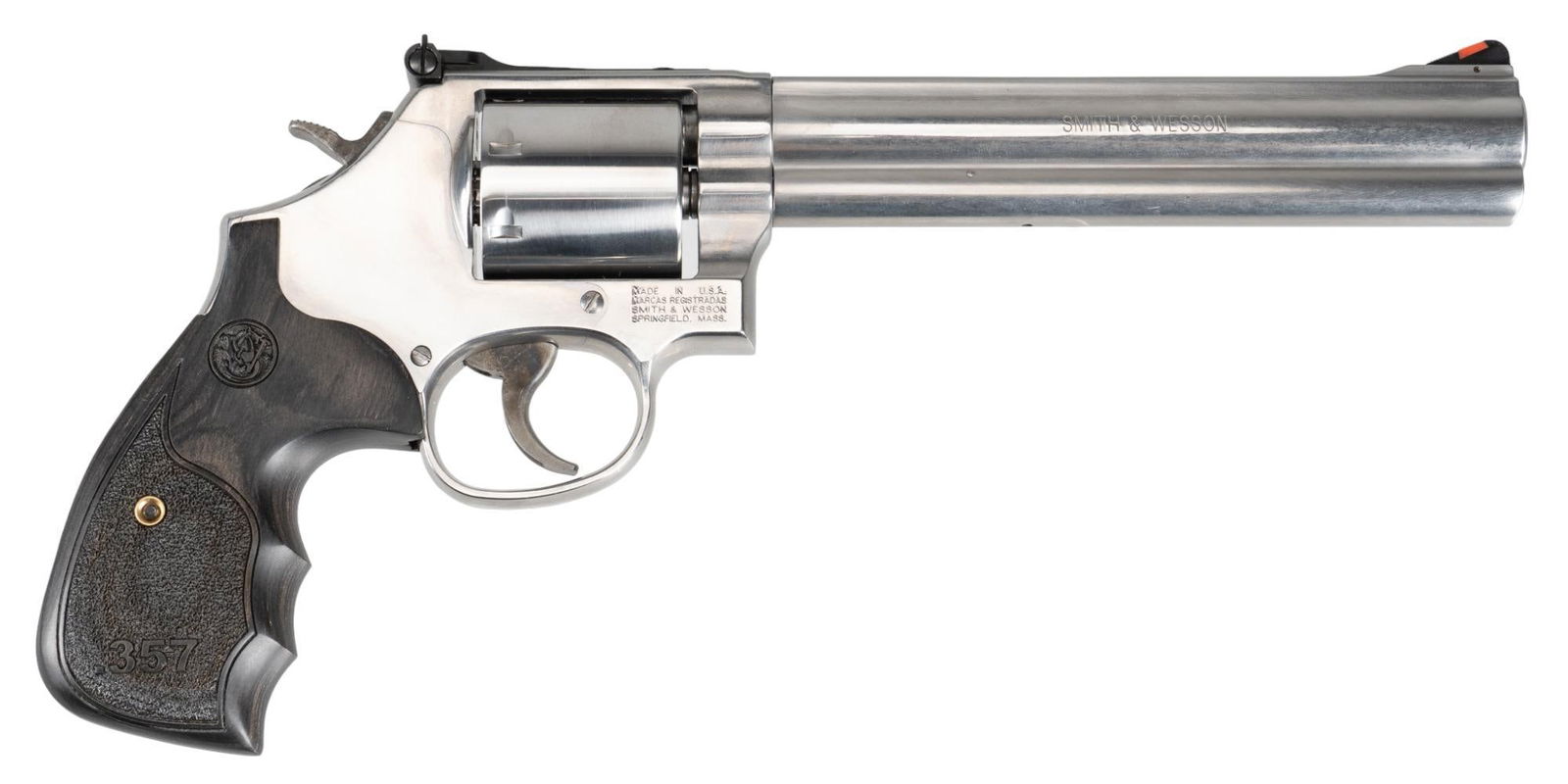 Smith & Wesson 686-6 357 Magnum 7-Shot Revolver: Serial: DNT1270 Manufacturer: Smith & Wesson Model: 686-6 Caliber: 357 Magnum Barrel Length: 7 in. OAL: 12 in. Condition: Good; wood grips have light handling marks; barrel, frame & cylinder h