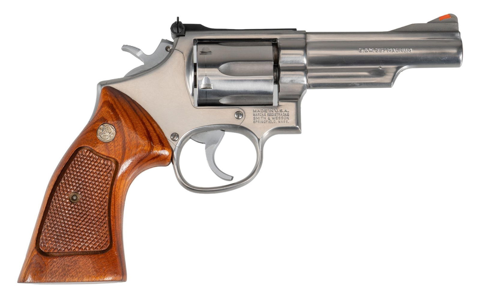 Smith & Wesson 66-2 357 Magnum Revolevr: Serial: 160K014 Manufacturer: Smith & Wesson Model: 66-2 Caliber: 357 Magnum Barrel Length: 4 in. OAL: 7.5 in. Condition: Good; wood grips have light handling marks; barrel, frame & cylinder h