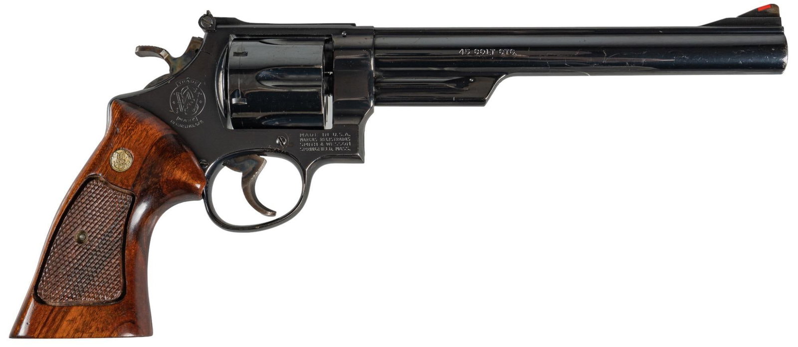 Nice Smith & Wesson Model 25-5 45 LC Revolver: Serial: N717103 Manufacturer: Smith & Wesson Model: 25-5 Caliber: 45 LC Barrel Length: 8.325 in. OAL: 14 in. Condition: Very Good; wood grips have moderate handling marks; barrel, frame & cyli