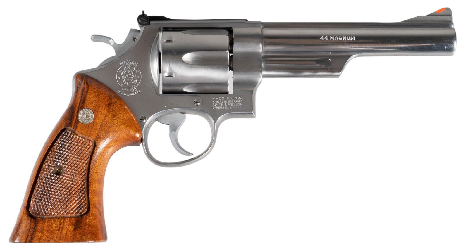 Smith & Wesson 629-1 44 Magnum Revolver: Serial: AFB8109 Manufacturer: Smith & Wesson Model: 629-1 Caliber: 44 Magnum Barrel Length: 5.875 in. OAL: 12 in. Condition: Good; wood grips have light handling marks; barrel, frame & cylinde