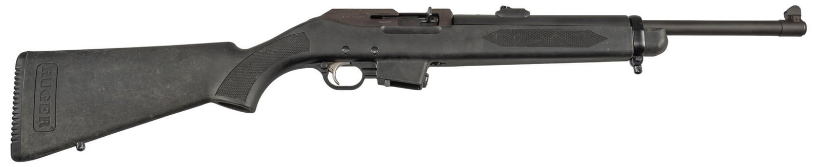 Ruger Police Carbine 9mm Semi Auto Rifle: Serial: 470-02775 Manufacturer: Sturm, Ruger & Co. Model: Police Carbine Caliber: 9mm Barrel Length: 16.25 in. OAL: 34.75 in. Condition: Good; synthetic stock has moderate wear; barrel & recei
