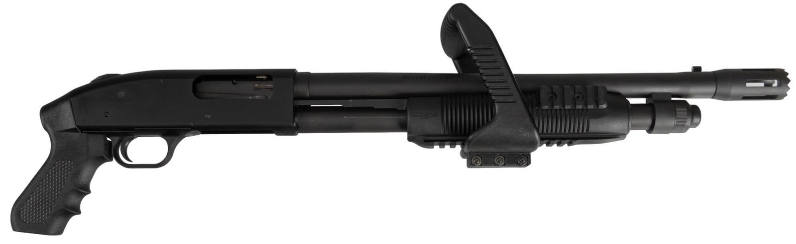 Mossberg 500 Chainsaw 12 Gauge Pump Action Shotgun: Serial: U931694 Manufacturer: Mossberg Model: 500 Chainsaw Caliber: 12 Ga. (3 in. chamber) Barrel length: 18.5 in. OAL: 28.5 in. Condition: Very Good; synthetic grip & pump/handle have very light 
