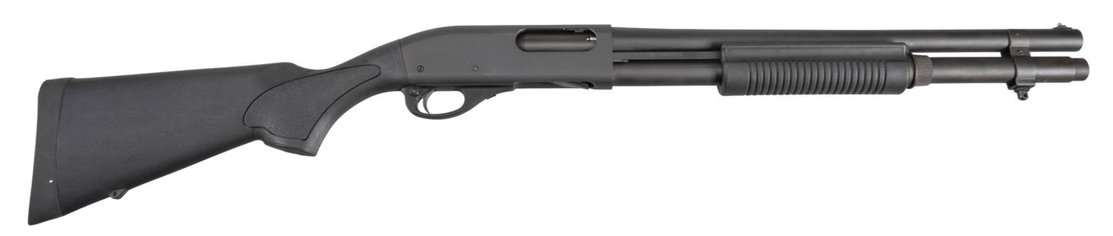 Remington 870 Express 12 Gauge Pump Shotgun: Serial: RS53362A Manufacturer: Remington Model: 870 Express Caliber: 12 Ga. Barrel Length: 18.5 in. OAL: 38.5 in. Condition: Very Good; polymer stock & forend have very light handling marks: recei