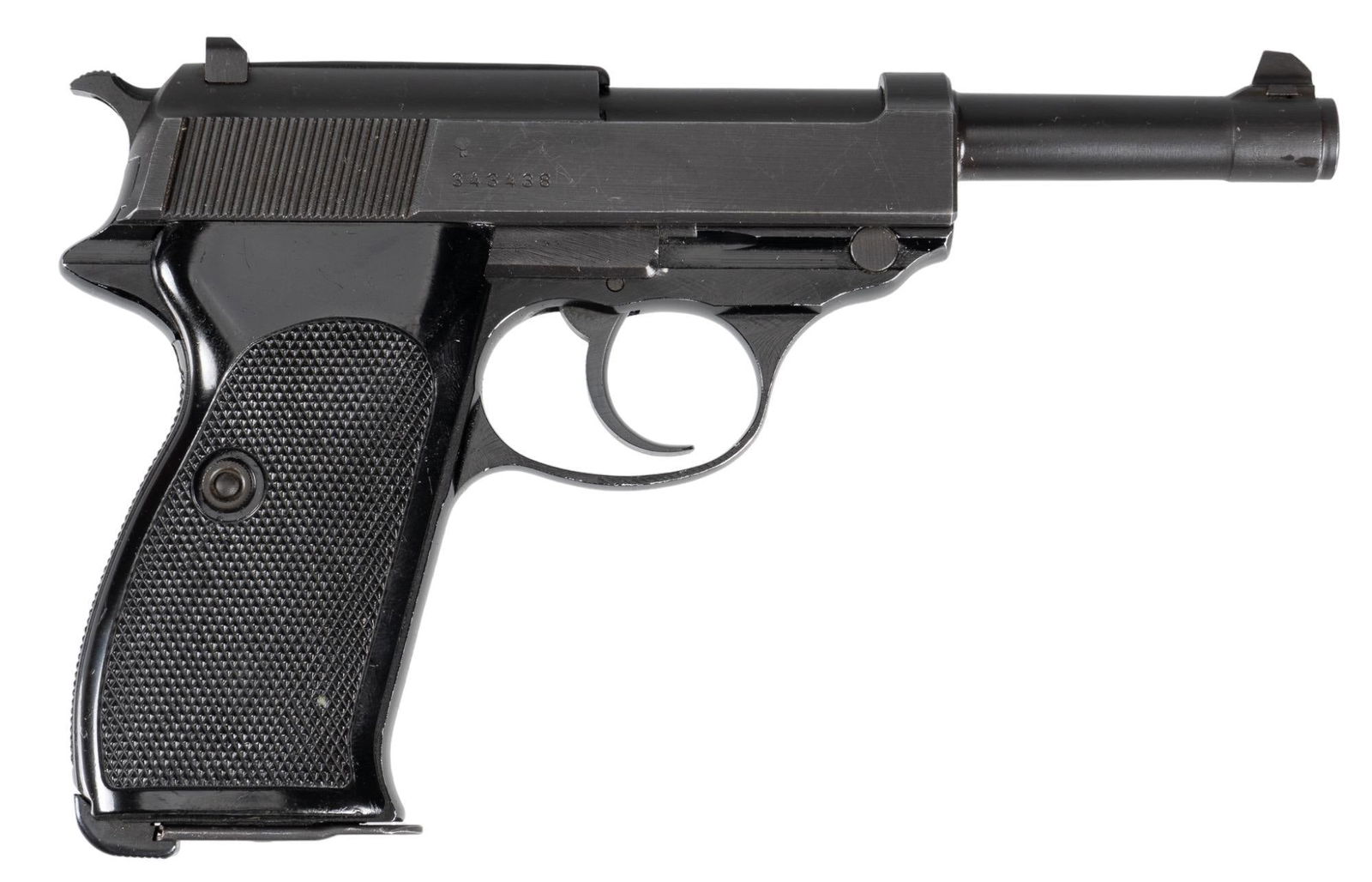 Nice Walther P38 9mm Semi Auto Pistol W/ Holster: Serial: 343438 Manufacturer: Carl Walther Waffenfabrik-Germany Model: P38 Caliber: 9mm Barrel Length: 5 in. OAL: 8.5 in. Condition: Very Good; plastic grips have moderate wear; barrel, slide & fra