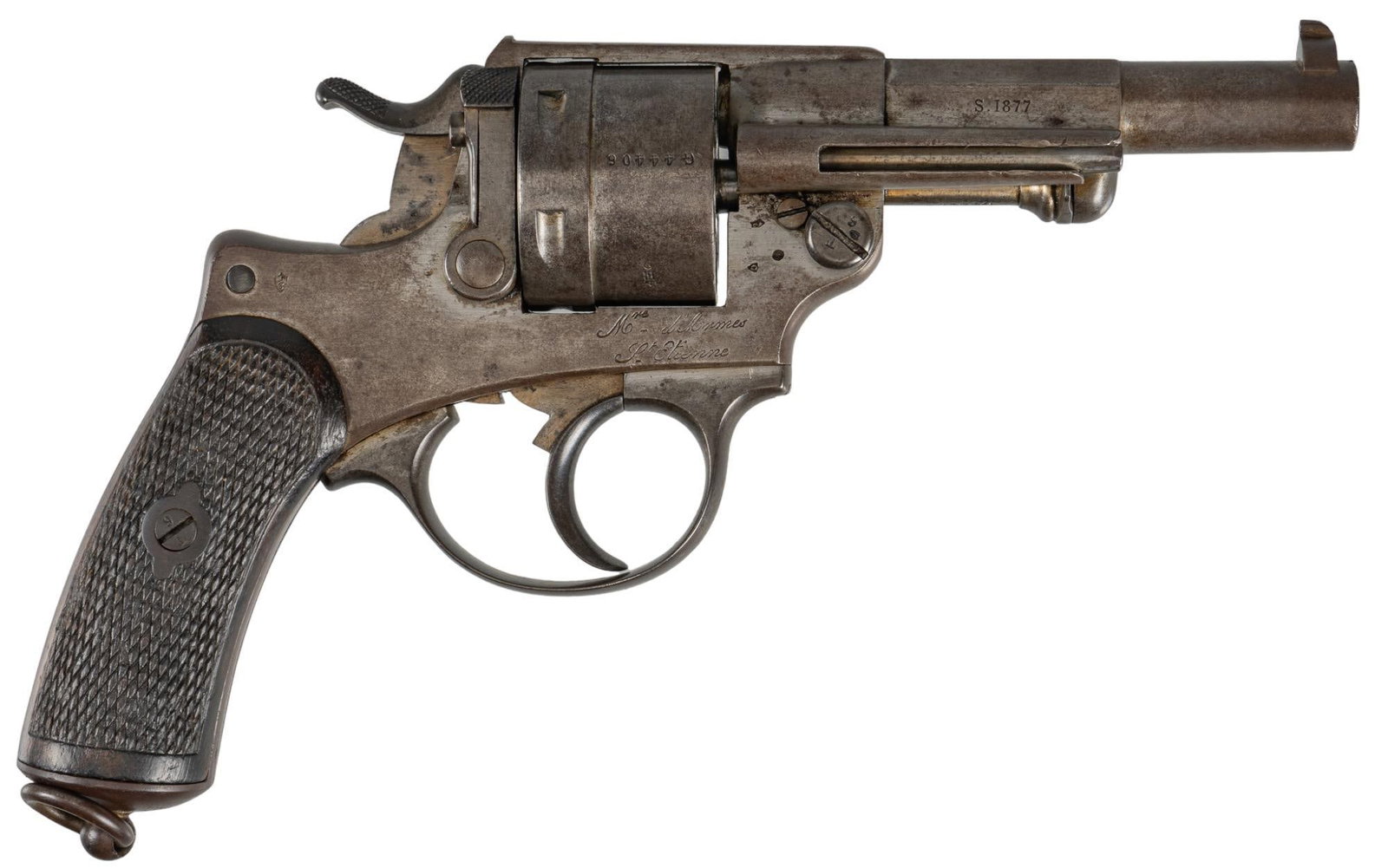 Antique French St. Etienne M1873 11mm DA Revolver: Serial: G 44406 Manufacturer: Mre. d' Armas St. Etienne-France (c. 1877) Model: M1873 Caliber: 11mm Barrel Length: 4.5 in. OAL: 9.5 in. Condition: Good; checkered wood grips have fair amount of we