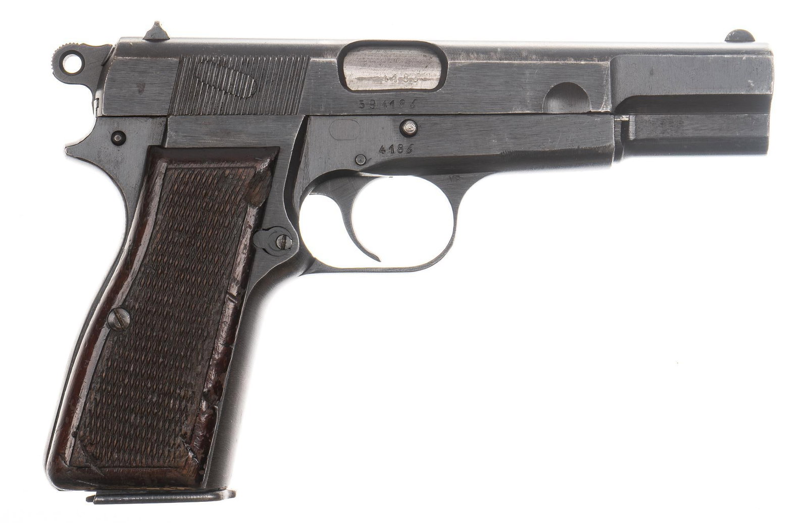WWII German Occupied FN Hi-Power 9mm Pistol: Serial: 59418b Manufacturer: FN, Belgium / German Occupation Model: Hi-Power Caliber: 9mm Barrel length: 4.75 in. OAL: 8.25 in. Condition: Very Good; wood grips have wear commensurate w/ age; slide &a