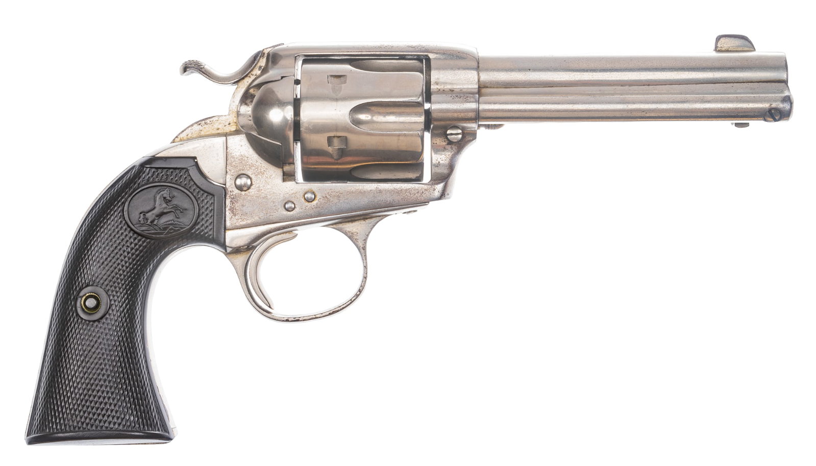 Nice 1899 Colt SAA Bisley Model 38 WCF Revolver: Serial: 185844 Manufacturer: Colt's PT. F.A. Mfg. Co. (c. 1899) Model: 1873 SAA Bisley Caliber: 38 WCF Barrel length: 4.75 in. OAL: 10 in. Condition: Good; hard rubber grips have turned a dark bro