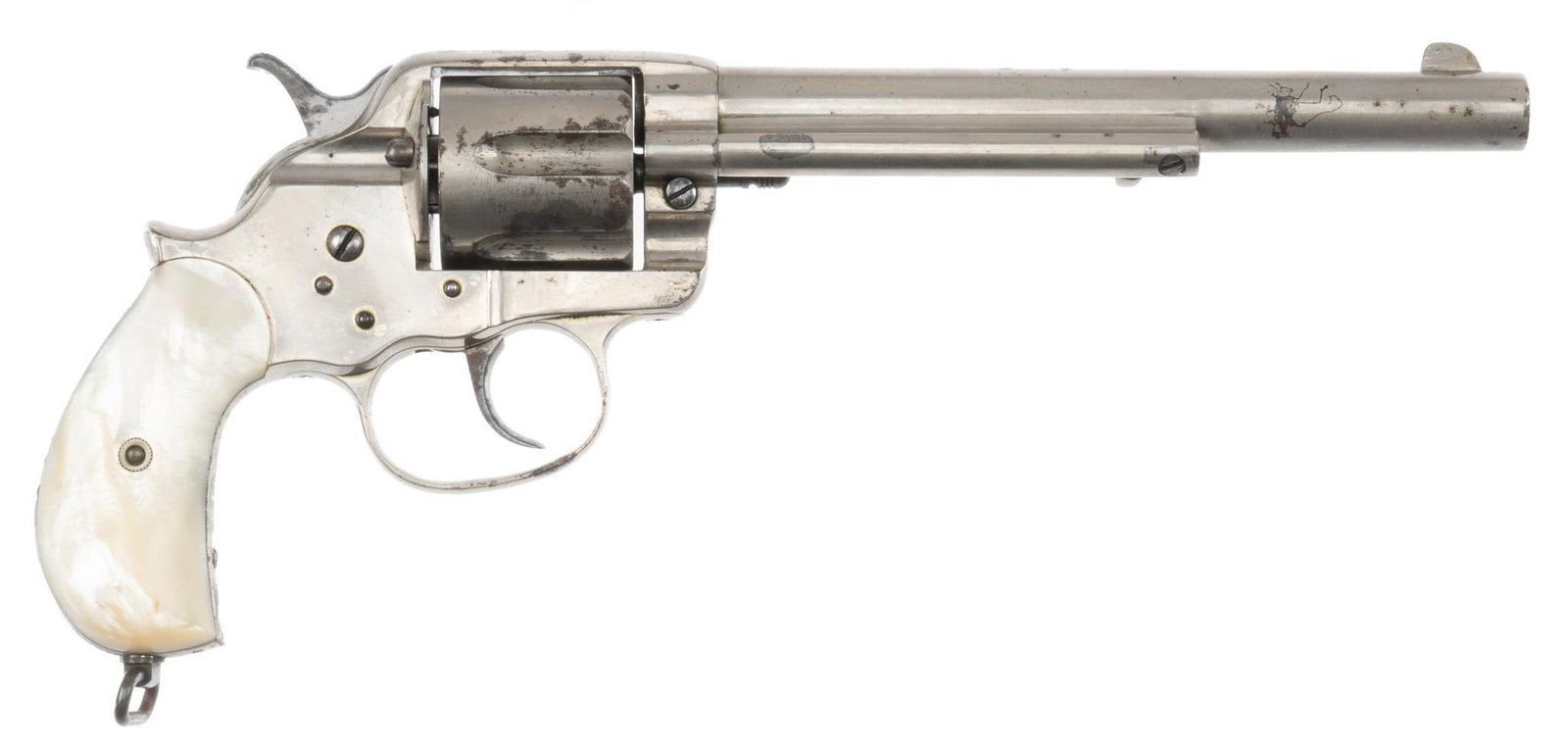 Antique Nickel Colt 1878 Frontier Six Shooter 44 WCF DA Revolver: Serial: 8633 Manufacturer: Colt's PT. F.A. Mfg. Co. (c. 1882) Model: 1878 DA "Frontier Six Shooter" Caliber: 44-40 WCF Barrel length: 7.5 in. OAL: 12.5 in. Condition: Good; mother of pearl
