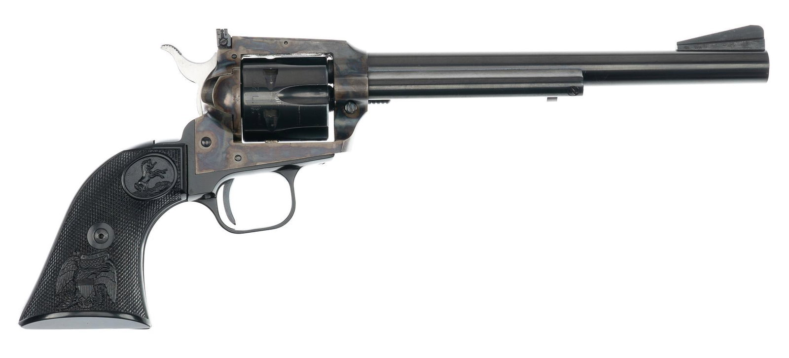 Fine Colt New Frontier .22 LR Single Action Revolver: Serial: G41450 Manufacture: Colt's PT. F.A. Mfg. Co. (c. 1972) Model: New Frontier Caliber: .22 LR Barrel length: 7.5 in. OAL: 13.5 in. Condition: Very Good-Excellent; polymer grips have no marks;