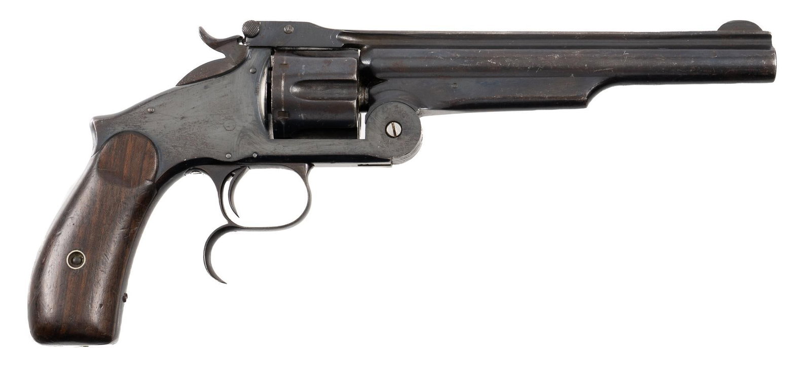 Nice Smith & Wesson Model 3 Second Model 44 S&W Russian Revolver: Serial: 3016 Manufacturer: Smith & Wesson (c. 1874) Model: Model 3 Russian Second Model Commercial Caliber: 44 S&W Russian Barrel length: 7 in. OAL: 12.5 in. Condition: Good; wood grips have h