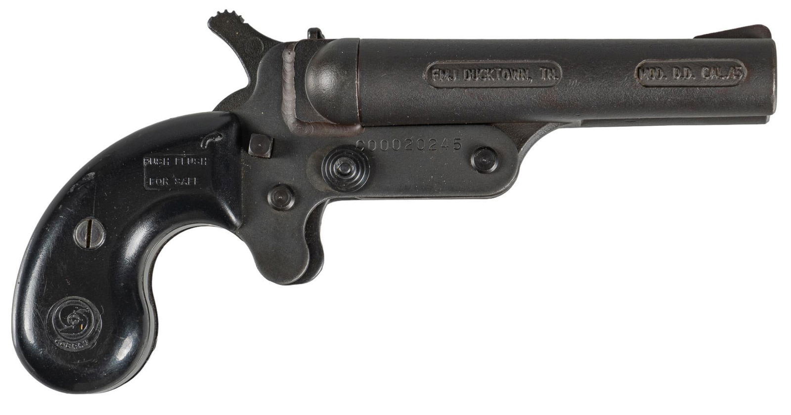 FMJ Model DD Cobray 45 LC / 410 Derringer Pistol: Serial: C00020245 Manufacturer: FMJ-Ducktown, TN Model: DD Cobray Caliber: 45 LC / 410 bore Barrel Length: 3.625 in. OAL: 7 in. Condition: Good; plastic grips have moderate handling marks; barrels &am