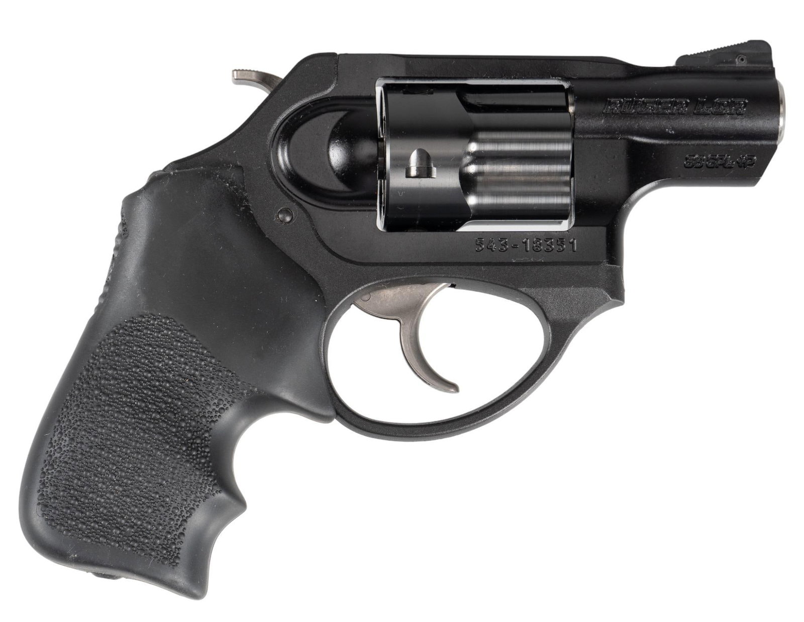 Ruger LCR 38 SPL Revolver: Serial: 543-18351 Manufacturer: Sturm, Ruger & Co. Model: LCR Caliber: 38 Special +P Barrel Length: 1.875 in. OAL: 6.5 in. Condition: Very Good; rubber grips have light handling marks; barrel 