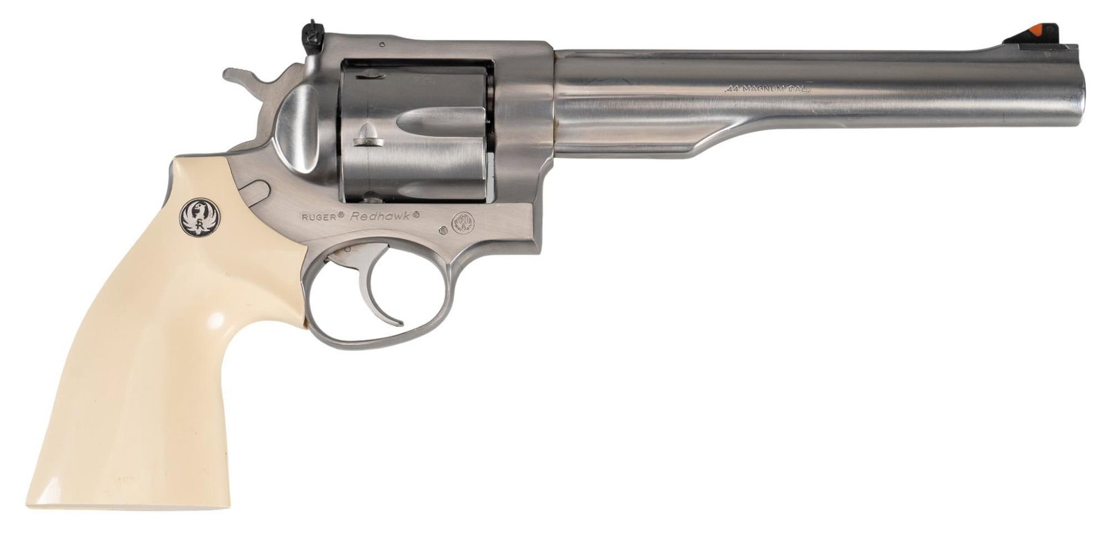 Ruger Redhawk 44 Magnum Revolver: Serial:501-01537 Manufacturer: Ruger Model: Redhawk Caliber: 44 Magnum Barrel Length: 7.5 in. OAL:13.5 in. Condition: Very Good; Ivory colored grips have very light handling marks; Stainless frame, cy