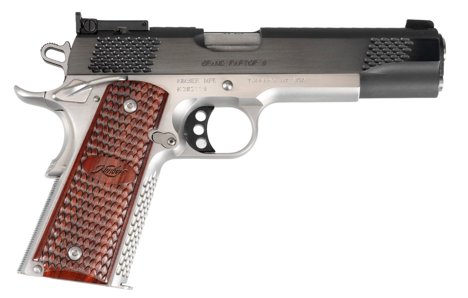 Kimber Custom Shop Grand Raptor II 1911 45 ACP Semi Auto Pistol: Serial: K302119 Manufacturer: Kimber Model: 1911 Grand Raptor II Caliber: 45 ACP Barrel Length: 5 in. OAL: 9 in. Condition: Very Good - Excellent; Rosewood grips have near no handling marks; stainless