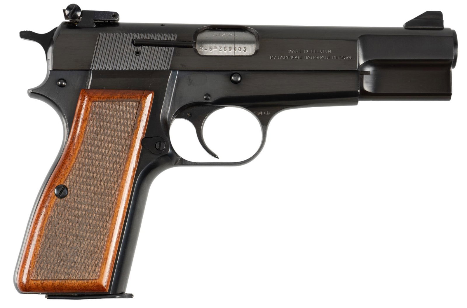 Belgian Browning Hi Power 9mm Semi Auto Pistol: Serial: 245PZ89403 Manufacturer: FN-Belgium / Browning Arms Co. (c. 1981) Model: Hi Power Caliber: 9mm Barrel length: 4.75 in. OAL: 8 in. Condition: Very Good; wood grips have very light handling mark