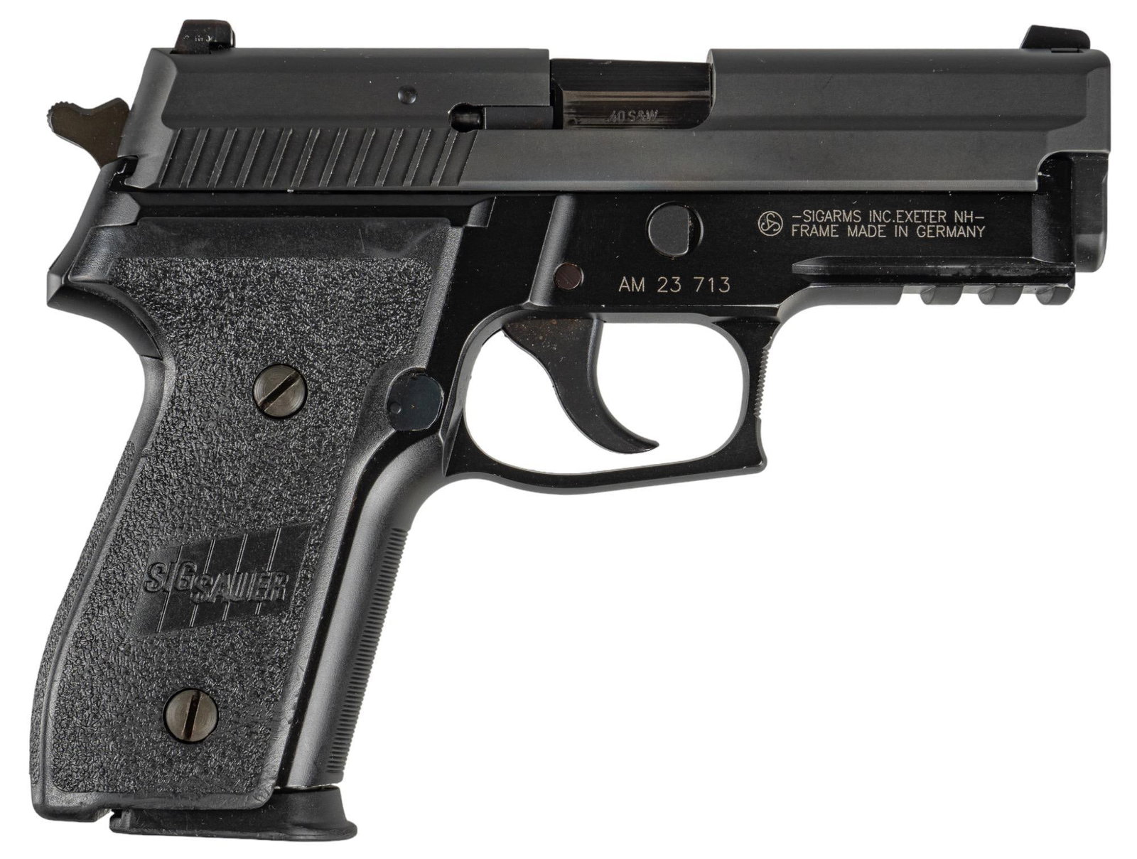 Sig Sauer P229 40 S&W Semi Auto Pistol: Serial: AM 23713 Manufacturer: Sig Sauer / Sig Arms Inc. Model: P229 Caliber: 40 S&W Barrel length: 3.625 in. OAL: 7.25 in. Condition: Good; allow frame has light handling marks; slide has light h