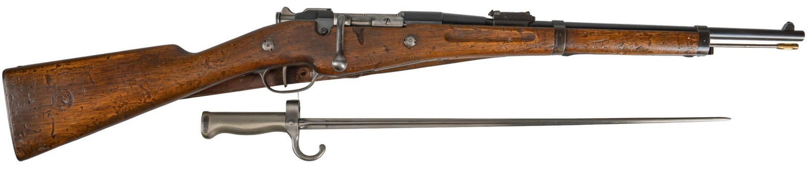 French Chatellerault M1890 8mm Berthier Carbine W/ Bayonet: Serial: 5504 Manufacturer: Mfr. de Chatellerault-France (c. 1892) Model: Mle 1890 Caliber: 8mm Lebel Barrel Length: 18 in. OAL: 37 in. Condition: Fair; wood stock has significant wear & patina; ba