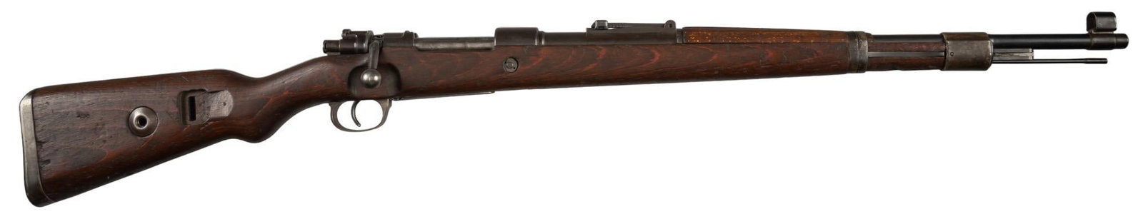 WWII German Mauser K98 8mm Mauser Bolt Action Rifle: Serial: 93 Manufacturer: Mauser Werke (Factory Code "ar") Model: K98k Caliber: 8mm Mauser Barrel Length: 24 in. OAL: 44 in. Condition: fair; Laminate stock has handling marks throughout, with