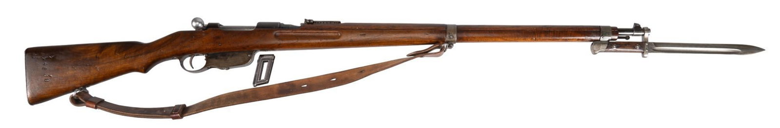 Steyr M95 8x56R Straight Pull Rifle W/ Bayonet: Serial: 4688D Manufacturer: Steyr Mannlicher AG-Austria Model: M95 Caliber: 8x56R Barrel Length: 30 in. OAL: 50 in. Condition: Good; wood stock has moderate wear for age; barrel & receiver have a 