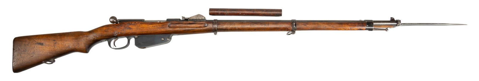 Steyr M1888 8x52R Straight Pull Rifle W/ Bayonet: Serial: 6914T Manufacturer: Steyr Mannlicher AG-Austria Model: M1888 Caliber: 8x52R Barrel Length: 30 in. OAL: 50.5 in. Condition: Good; wood stock has wear & patina commensurate w/ age; hand guar