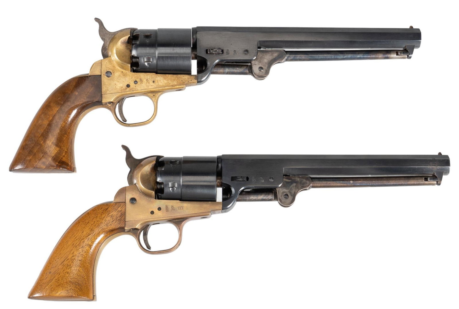 Pair of Pietta Navy Model 1851 44 Cal Percussion Revolvers: Serial: (1) 41276; (2) 41242 Manufacturer: Pietta-Italy Model: Navy Model 1851 Caliber: 44 Cal. Barrel Length: 7.325 in. OAL: 13 in. Condition: Fair-Good; wood grips have light handling marks; barrels