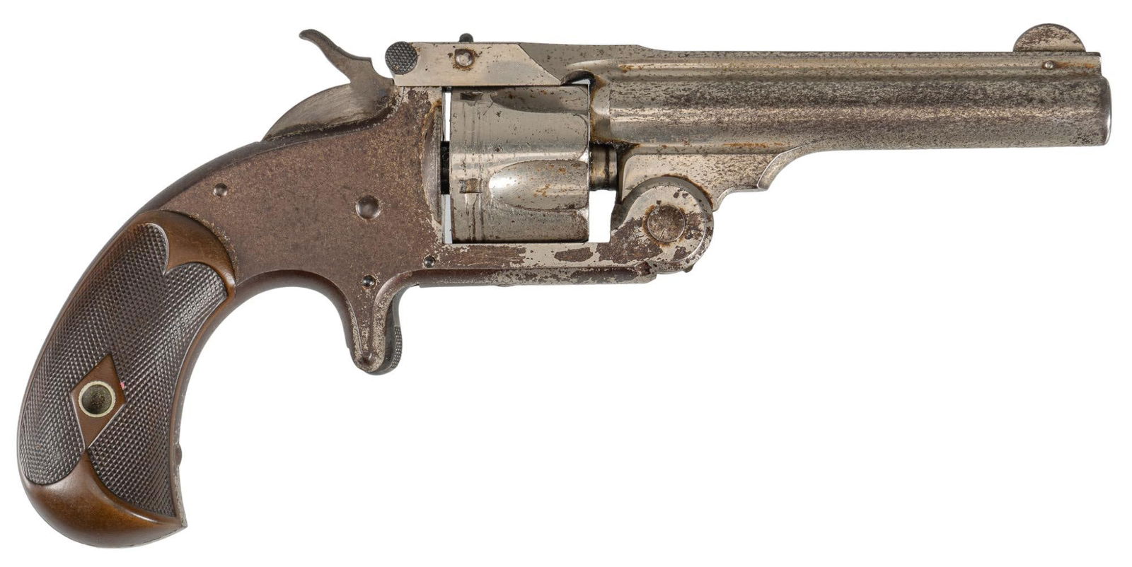 Antique Smith & Wesson No. 1 1/2 32 S&W Top Break Revolver: Serial: 7298 Manufacturer: Smith & Wesson (c. 1879-1880) Model: 1 1/2 Caliber: 32 S&W Barrel Length: 3.5 in. OAL: 7.25 in. Condition: Fair; hard rubber grips have a turned a brown color w/ age