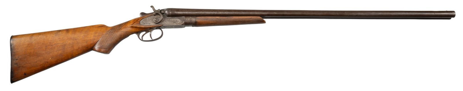 Belgian T. Barker 16 Gauge SXS Shotgun: Serial: NSN Manufacturer: T. Barker-Belgium Model: SXS Caliber: 16 Gauge Barrel Length: 30 in. OAL: 47 in. Condition: Fair; wood stock has handling marks & wear commensurate w/ age; barrels have m