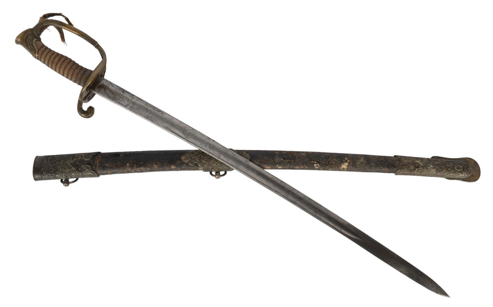 Perry's Expedition M1852 Naval Officer's Sword Carried by Lt. George H. Preble: Manufacturer: Unknown Model: M1852 Naval Officer's Sword Blade Length: 25. in. OAL: 30.75 in. Condition: Fair; blade has wear & patina commensurate w/ age; light scattered pitting; brass handg