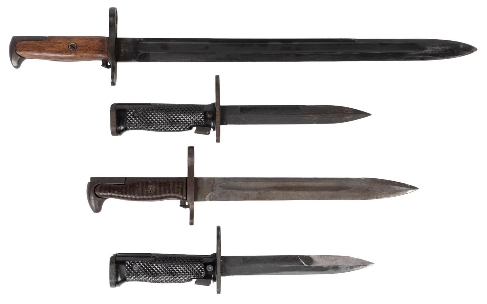 Collection of 4 M1 Garand & M14 Bayonets: Manufacturer: (1) Springfield Armory; (2) American Fork & Hoe (3 & 4) Imperial Model: (1) M1905 (2) M1905E1 (3 & 4) M6 Blade Length: (1) 16 in (2) 10 in (3 & 4) 6.75 Longest OAL: 21.5 