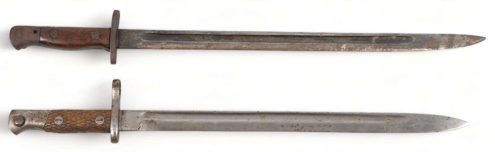 WWI Chilean M1913 & Indian M1907 Bayonets: Manufacturer: (1) Artilleria Fabrica de Toledo; (2) RFI India Model: (1) Chilean M1913; (2) Indian M1907 Blade Length: (1) 15.75 in.; (2) 16.75 in. OAL: (1) 22.25 in.; (2) 21.75 in. Condition: (1) Fai