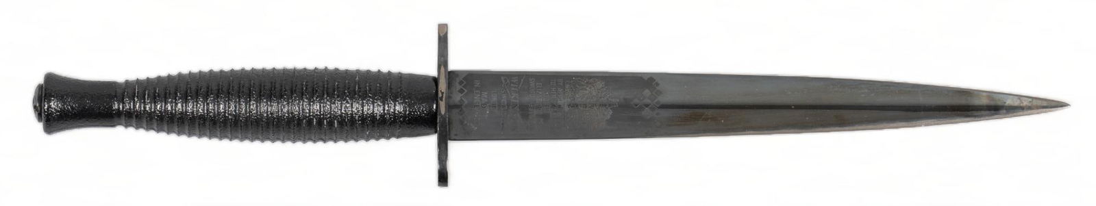 Wilkinson Fairbairn Sykes Commando Dagger W/ Sheath: Manufacturer: Wilkinson Sword-London Model: Fairbarin Sykes Dagger Blade Length: 7 in. OAL: 11.5 in. Condition: Very Good; blade has moderate wear around tip & along edge; handle has light handlin